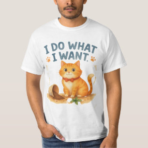 Camiseta Gato Laranja Engraçado "Faço o que Quero" Humor