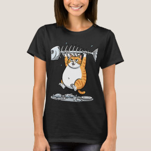 Camiseta Gato Laranja Engraçado Segurando Esqueleto de Peix