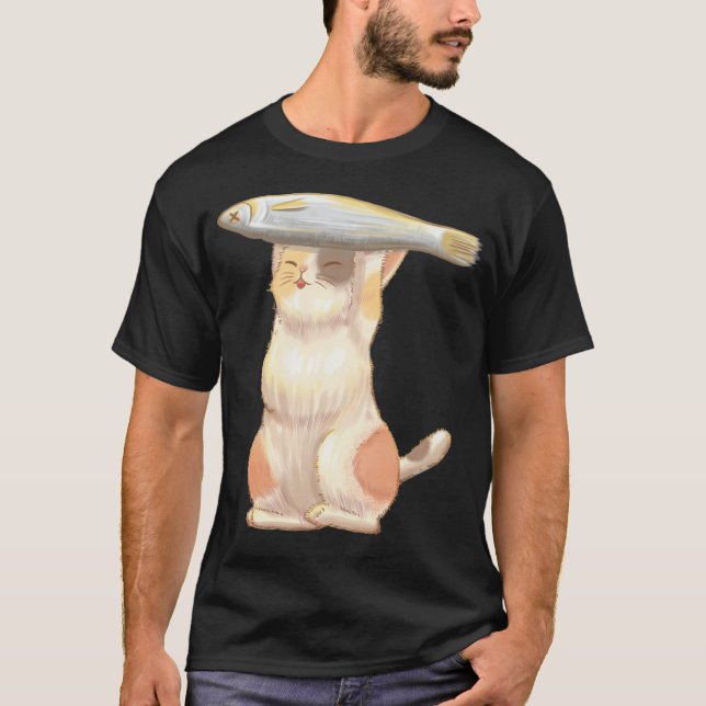 Camiseta Gato Laranja Feliz com Peixe (Frente)