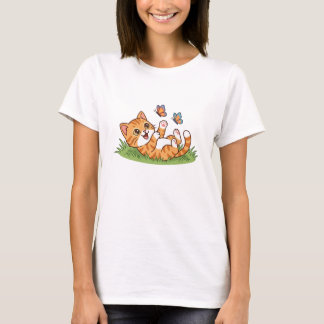 Camiseta Gato Laranja Fofo e Divertido com Borboletas