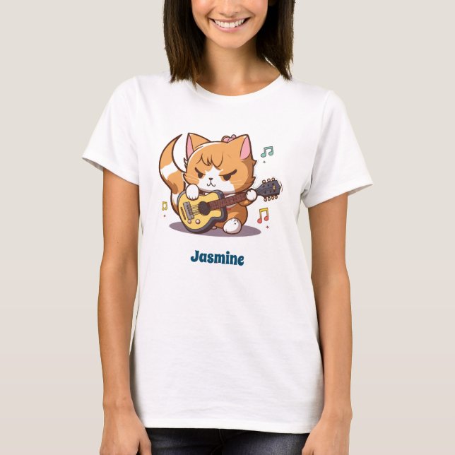 Camiseta Gato Laranja Fofo Tocando Violão (Frente)