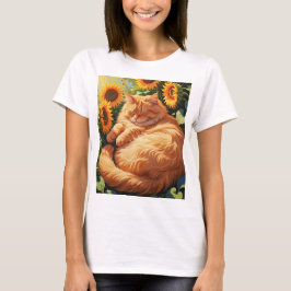 Camiseta Gato Laranja Gordo Sonolento com Girassóis