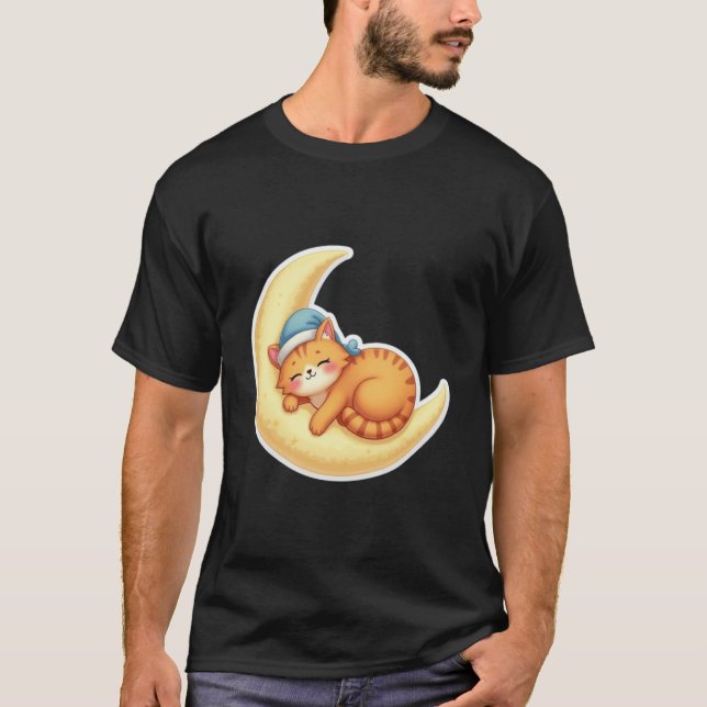 Camiseta Gato Laranja Kawaii Dormindo na Lua Crescente (Frente)