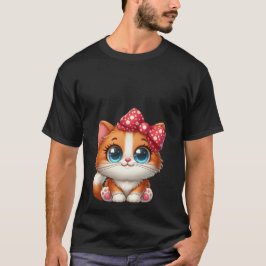 Camiseta Gato Laranja Kawaii Laço Vermelho com Bolinhas Bra