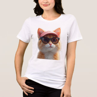 Camiseta Gato laranja legal usando óculos de sol e uma base