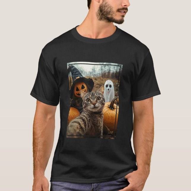 Camiseta Gato Laranja Selfie Halloween Patch de Abóbora Ass (Frente)