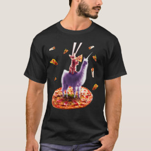 Camiseta Gato Laser Comendo Pizza Montado em Lhama Unicórni