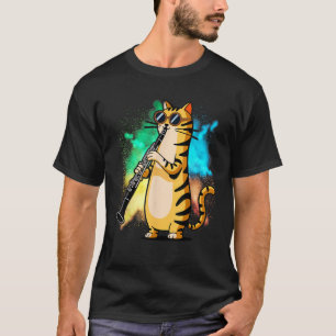 Camiseta Gato Legal Tocando Clarinete Design Hippy Hipster