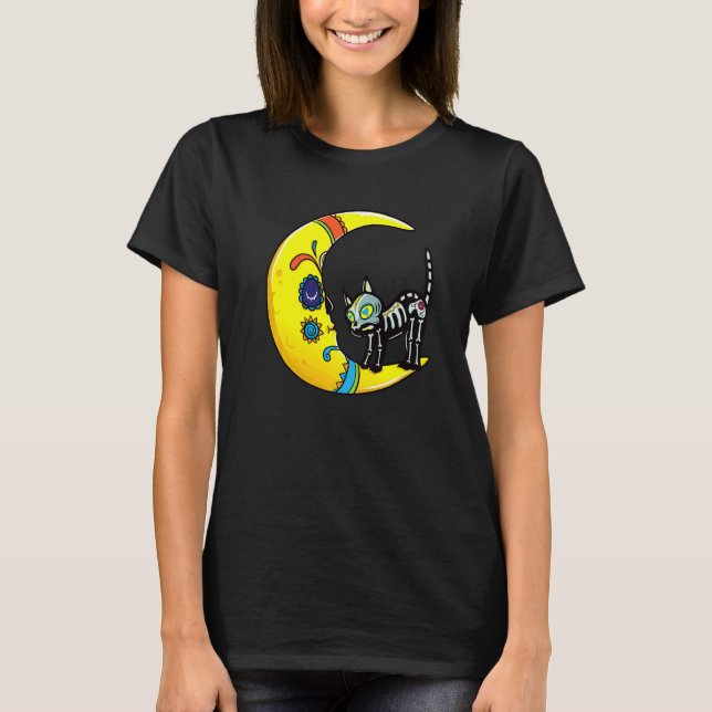Camiseta Gato & Lua Açúcar Crânio Dia de Los Muertos Dia Do (Frente)