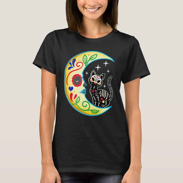 Camiseta Gato & Lua Açúcar Crânio Dia de Los Muertos Dia do (Frente)