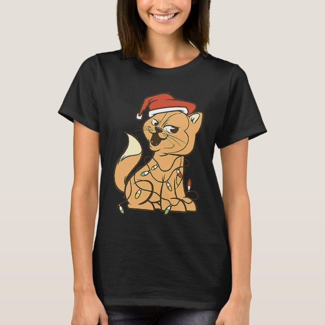 Camiseta Gato Luzes de Natal Árvore Gato (Frente)