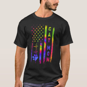 Camiseta Gato Mãe Batimento Cardíaco Tie Dye Bandeira Ameri