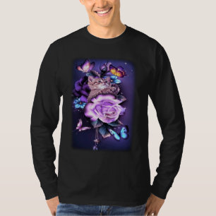 Camiseta Gato Mágico do Amor Rosas Roxas Flor Borboleta