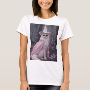 Camiseta Gato Mágico Feiticeiro em Capa e Chapéu Rosa Brilh