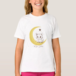 Camiseta Gato Mágico Fofo na Lua Sonhos Estrelados - Cla Re