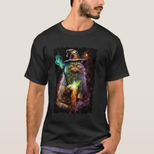 Camiseta Gato Mago Usando um Chapéu Pintura Retrato Gato Ma