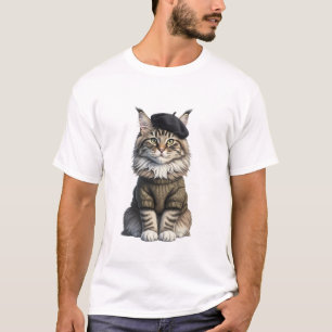 Camiseta Gato Maine Coon Charmoso Usando Boina Preta