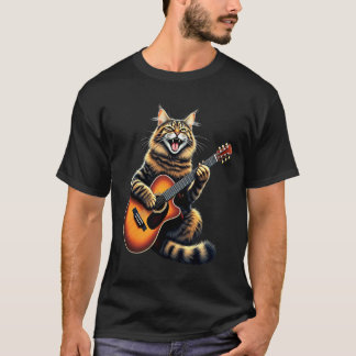 Camiseta Gato Maine Coon Engraçado Tocando Guitarra Design 
