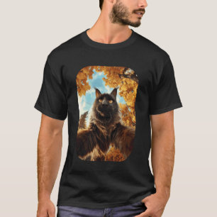 Camiseta Gato Maine Coon Fofo Tira Selfie Folhas de Outono 
