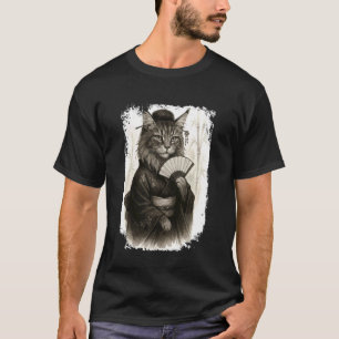 Camiseta Gato Maine Coon Geisha Engraçado com Kimono. Japão