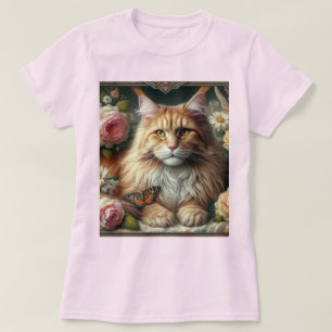 Camiseta Gato Maine Coon Laranja Vitoriano com Rosas Cor-de