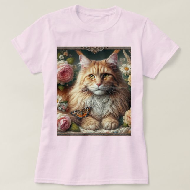 Camiseta Gato Maine Coon Laranja Vitoriano com Rosas Cor-de (Frente do Design)
