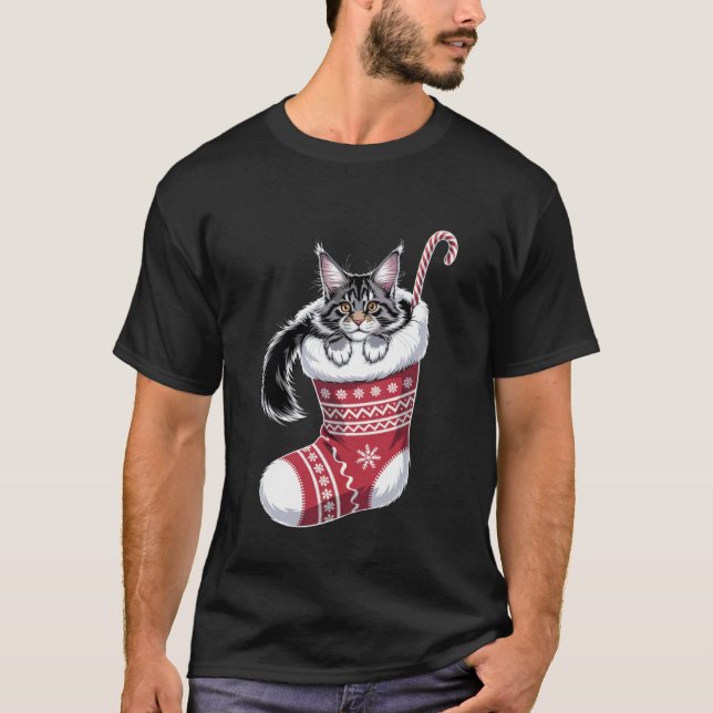 Camiseta Gato Maine Coon Pet Natal Chapéu de Papai Noel (Frente)