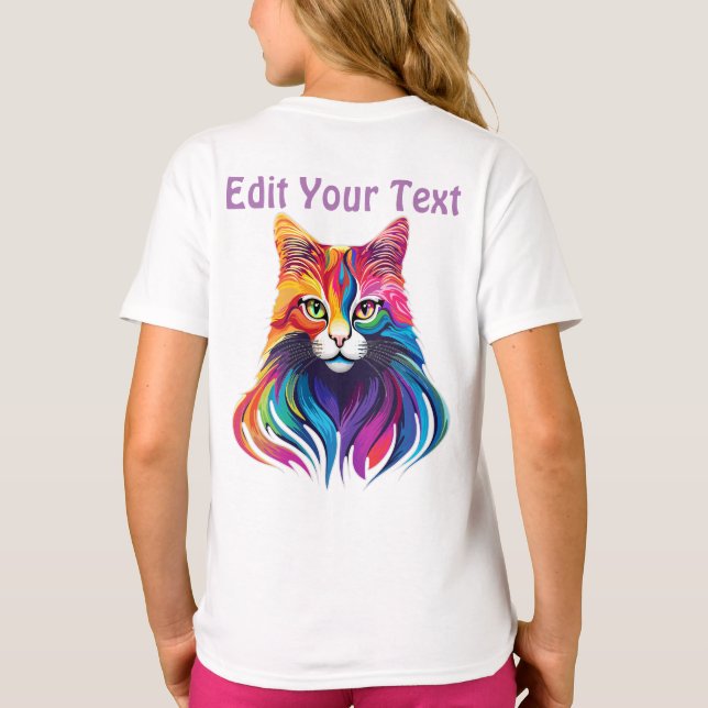 Camiseta Gato Maine Coon Retrato Arco-Íris Cores (Verso)