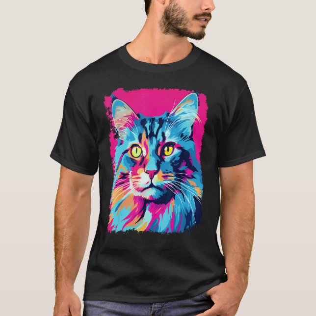 Camiseta Gato Maine Coon Rosa Pop Art (Frente)