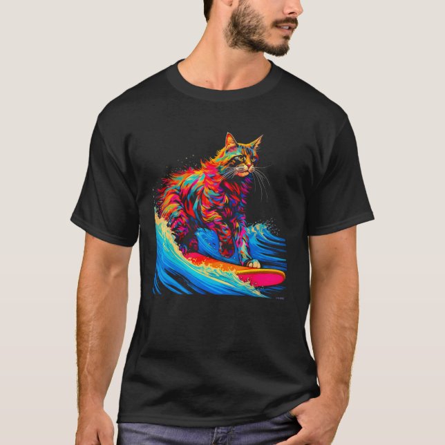 Camiseta Gato Maine Coon Surfando Surf (Frente)