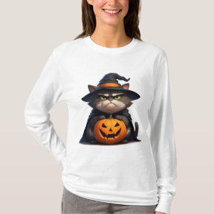 Camiseta Gato Mal-Humorado do Halloween Segurando Lanterna