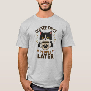Camiseta Gato Mal-Humorado Engraçado Café Primeiro Pessoas