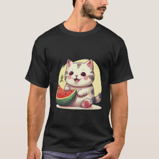 Camiseta Gato Malhado Kawaii com Arte de Melancia de Verão