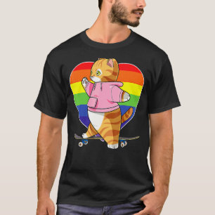 Camiseta Gato Malhado Laranja Fofo Skateboarder Coração Arc