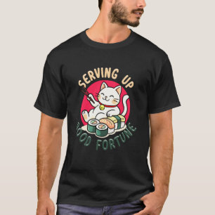 Camiseta Gato Maneki Neko de Sushi Fofo Servindo Boa Sorte
