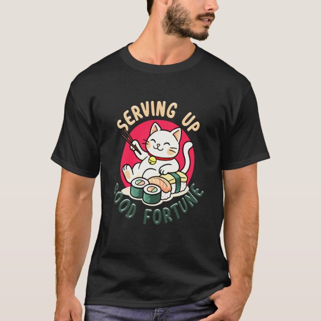 Camiseta Gato Maneki Neko de Sushi Fofo Servindo Boa Sorte (Frente)
