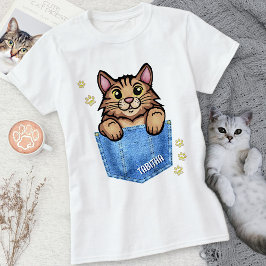 Camiseta Gato Marrom no bolso Faux Denim com nome personali