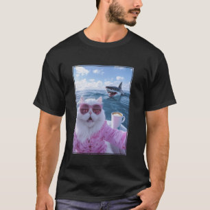 Camiseta Gato Meme em Barco Iate com Tubarão Atrás