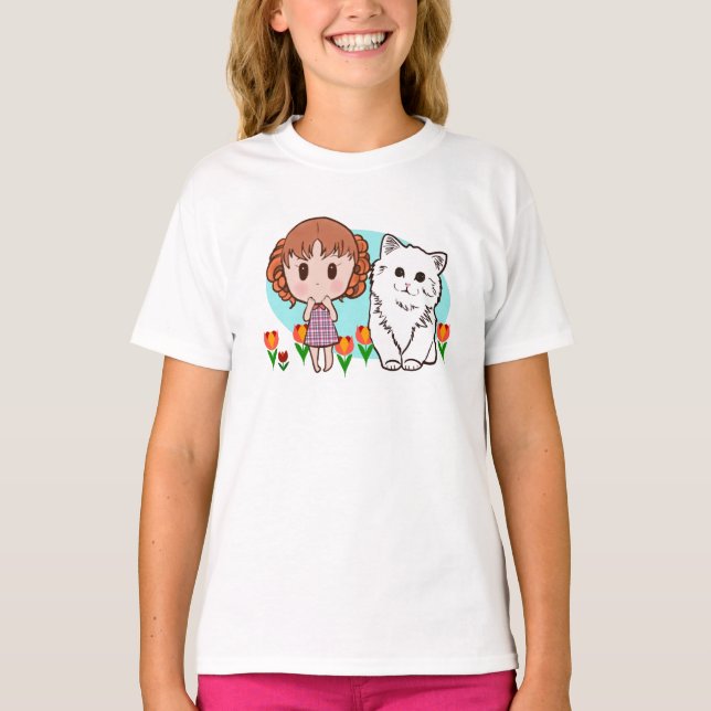 Camiseta gato, menina e tulipas (Frente)