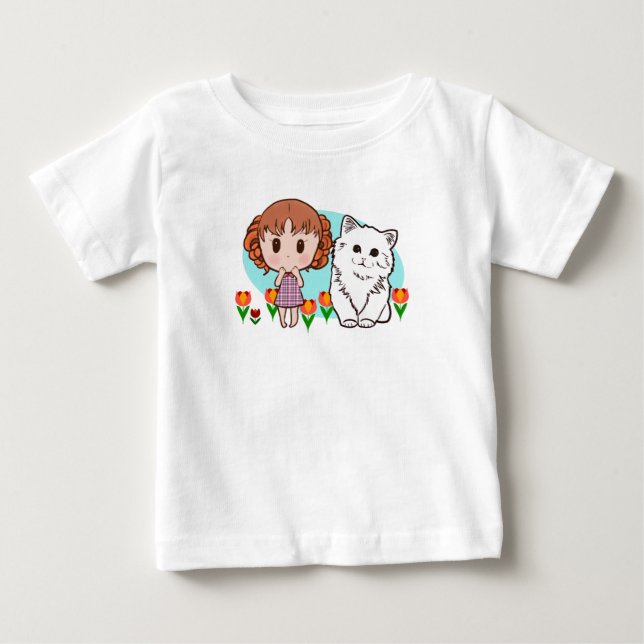 Camiseta gato, menina e tulipas (Frente)