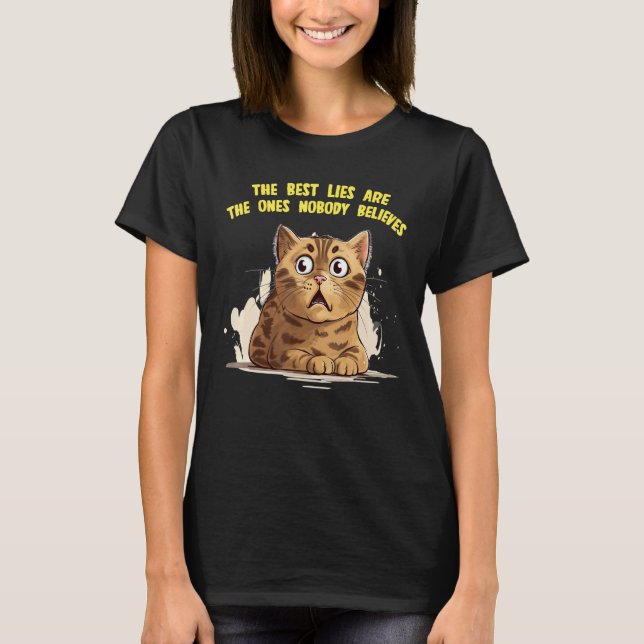 Camiseta Gato Mentiroso Engraçado com ideia de Mentiras Bra (Frente)