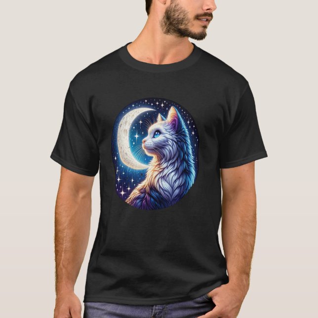 Camiseta Gato Místico Contemplando a Noite ao Luar (Frente)