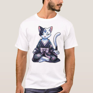Camiseta Gato Místico Meditando em Quimono Floral