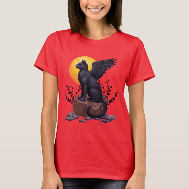 Camiseta Gato Místico Negro Asas Sob A Lua | Fantasy A (Frente)