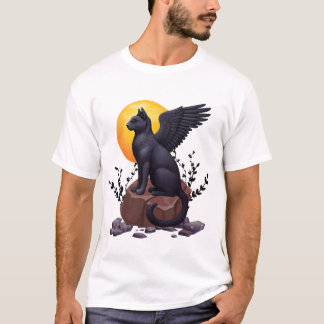 Camiseta Gato Místico Negro Asas Sob A Lua | Fantasy A