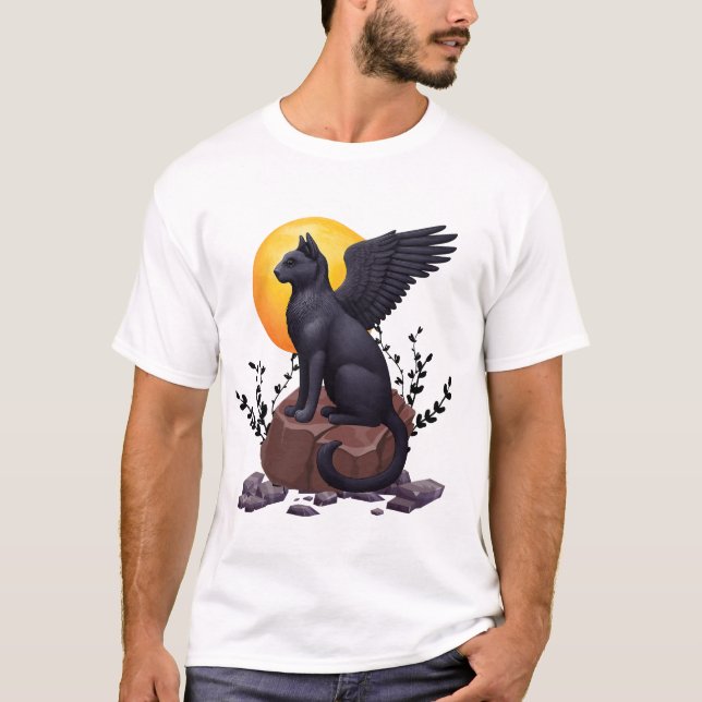Camiseta Gato Místico Negro Asas Sob A Lua | Fantasy A (Frente)