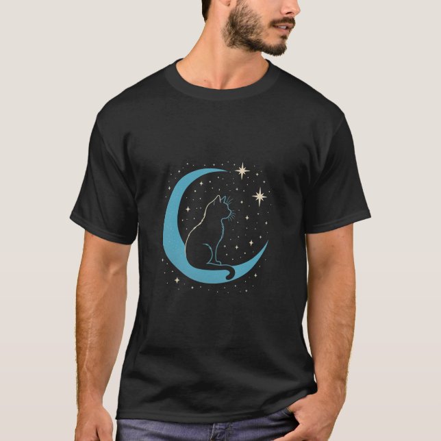 Camiseta Gato Místico no Céu Noturno da Lua Azul (Frente)