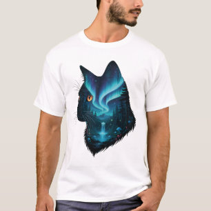 Camiseta Gato Místico Silhueta da Floresta Luzes do Norte 