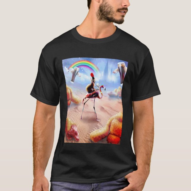 Camiseta Gato Montado em Flamingo com Nuggets de Frango e C (Frente)