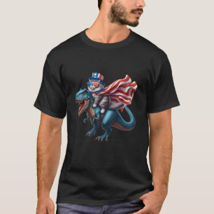 Camiseta Gato montado em T rex Dinossauro usa bandeira Patr